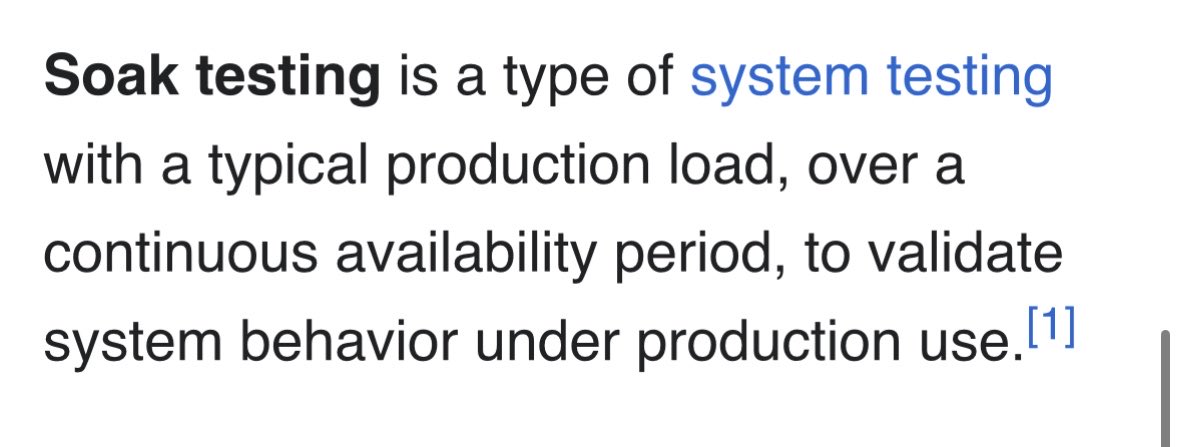 A text excerpt defining "Soak testing" as a type of system testing, conducted with a typical production load over a continuous availability period to validate system behavior under production use.