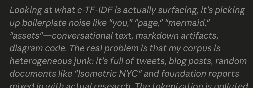 A dark-themed text excerpt discussing how c-TF-IDF is surfacing boilerplate noise such as "you," "page," "mermaid," and "assets," along with conversational text and code artifacts, and the problem of a heterogeneous corpus containing tweets, blog posts, and mixed research documents.