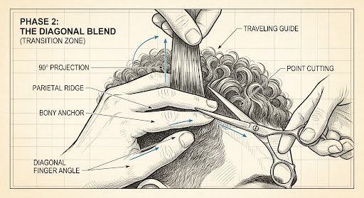 A detailed black-and-white illustration shows a barber's hands using scissors to cut curly hair, with labeled terms like "TRAVELING GUIDE," "POINT CUTTING," and "DIAGONAL BLEND" indicating techniques used in hair styling.