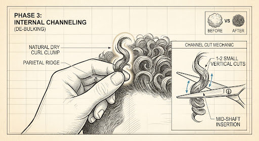 A detailed illustration shows a hand holding a section of curly hair, labeled with terms like "Natural Dry Curl Clamp" and "Parietal Ridge," alongside a diagram of scissors making vertical cuts on hair, labeled "Channel Cut Mechanic" with steps including "1-2 Small Vertical Cuts" and "Mid-Shaft Insertion."