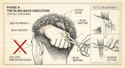 A diagram illustrating a barber's technique for cutting hair from the back, showing a hand holding scissors and a guide, with labels like "Blind Snipping" and "Tactile Guide," and a red X marking "Eye-Level Mirror Sightinglines" as incorrect.