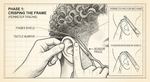 A detailed illustration shows a person's ear and curly hair being trimmed with scissors, with labeled parts like "Finger Shield" and "Tactile Bumper" indicating tools or techniques used in the process. The image is divided into sections, including a main diagram and smaller insets showing different angles or steps of the haircutting technique.