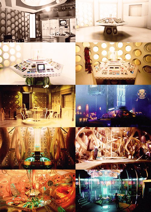 A collage of nine images depicting various interior scenes from a science fiction setting, featuring futuristic control panels, circular wall patterns, and illuminated rooms with a retro-futuristic aesthetic.
