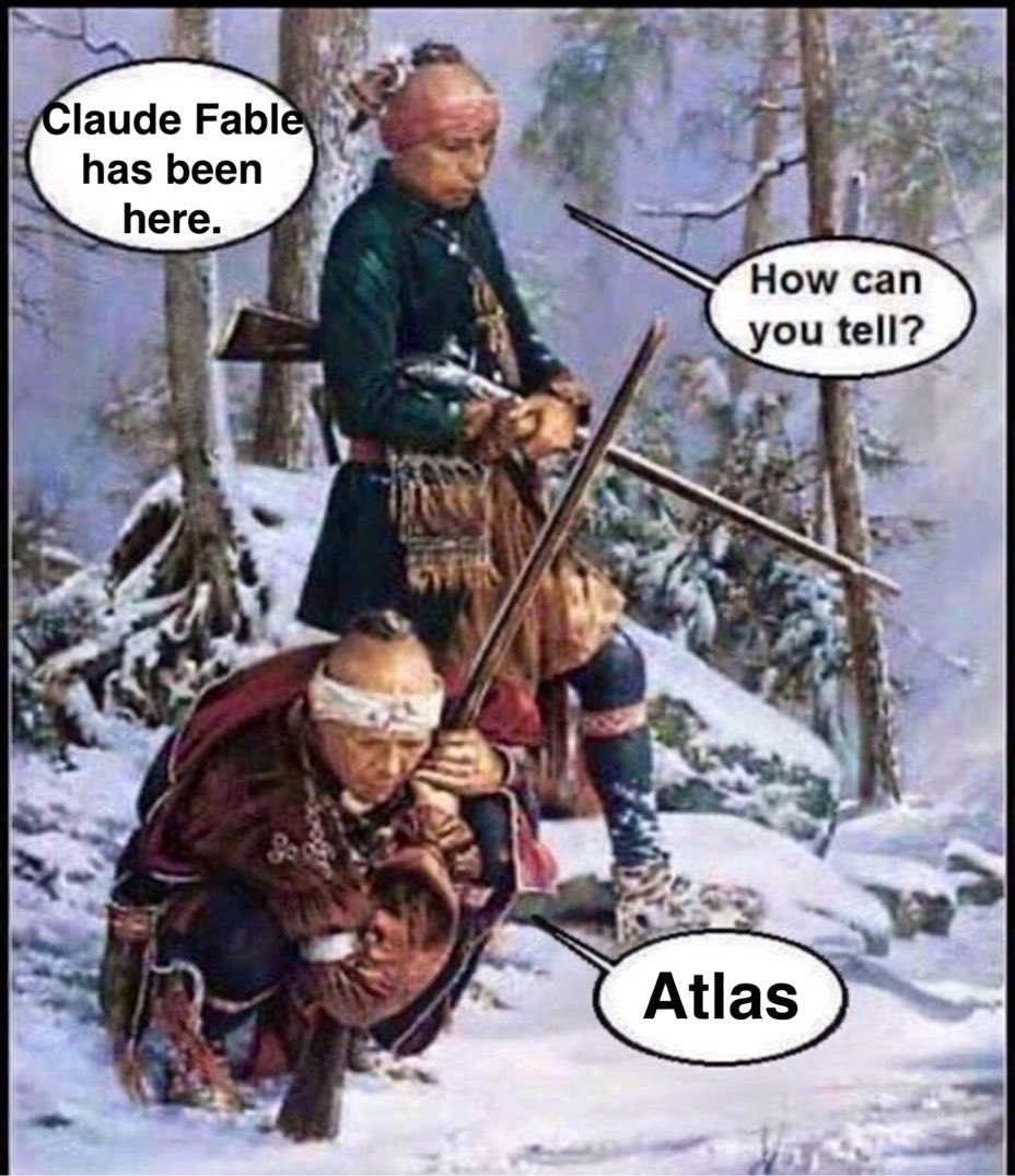 Two figures in a snowy forest setting, one standing and one kneeling, with speech bubbles indicating a conversation about a person named Claude Fable who has been there, and the kneeling figure named Atlas responding to the question of how they can tell.