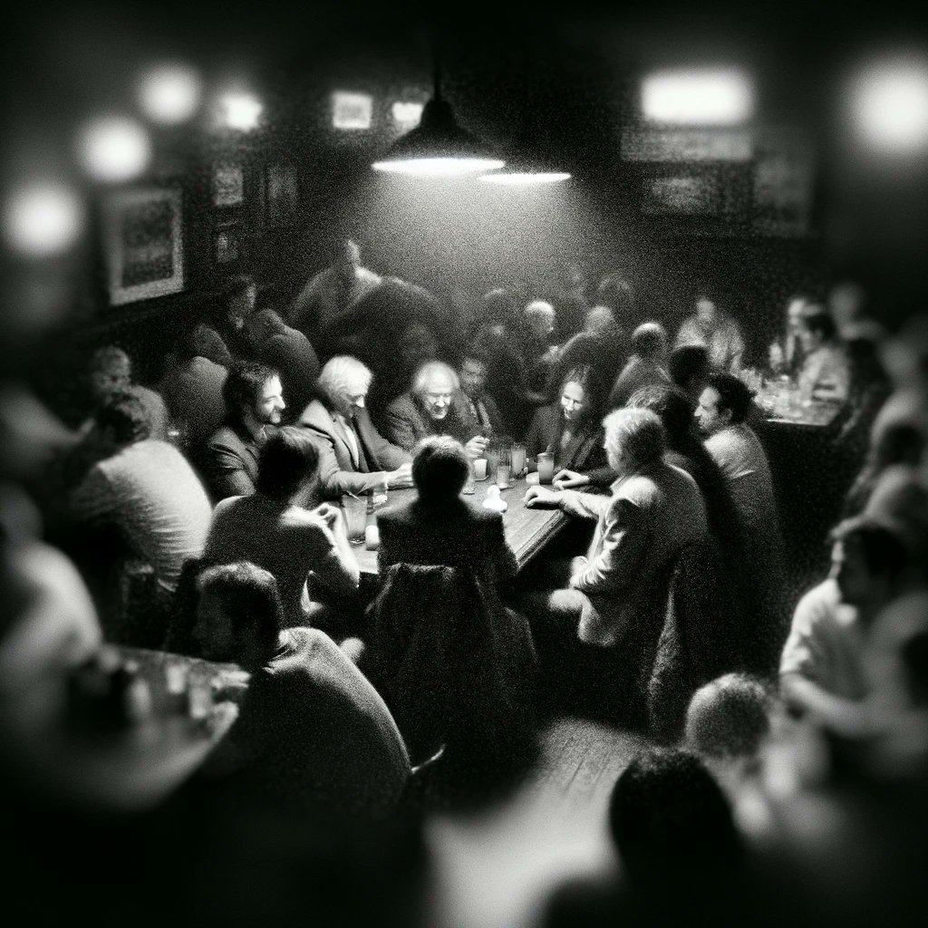 A grainy, black and white photograph shows a group of people gathered around a long wooden table in a dimly lit, crowded room. Two overhead lamps cast a bright glow on the center of the table, while the edges of the image are heavily blurred.