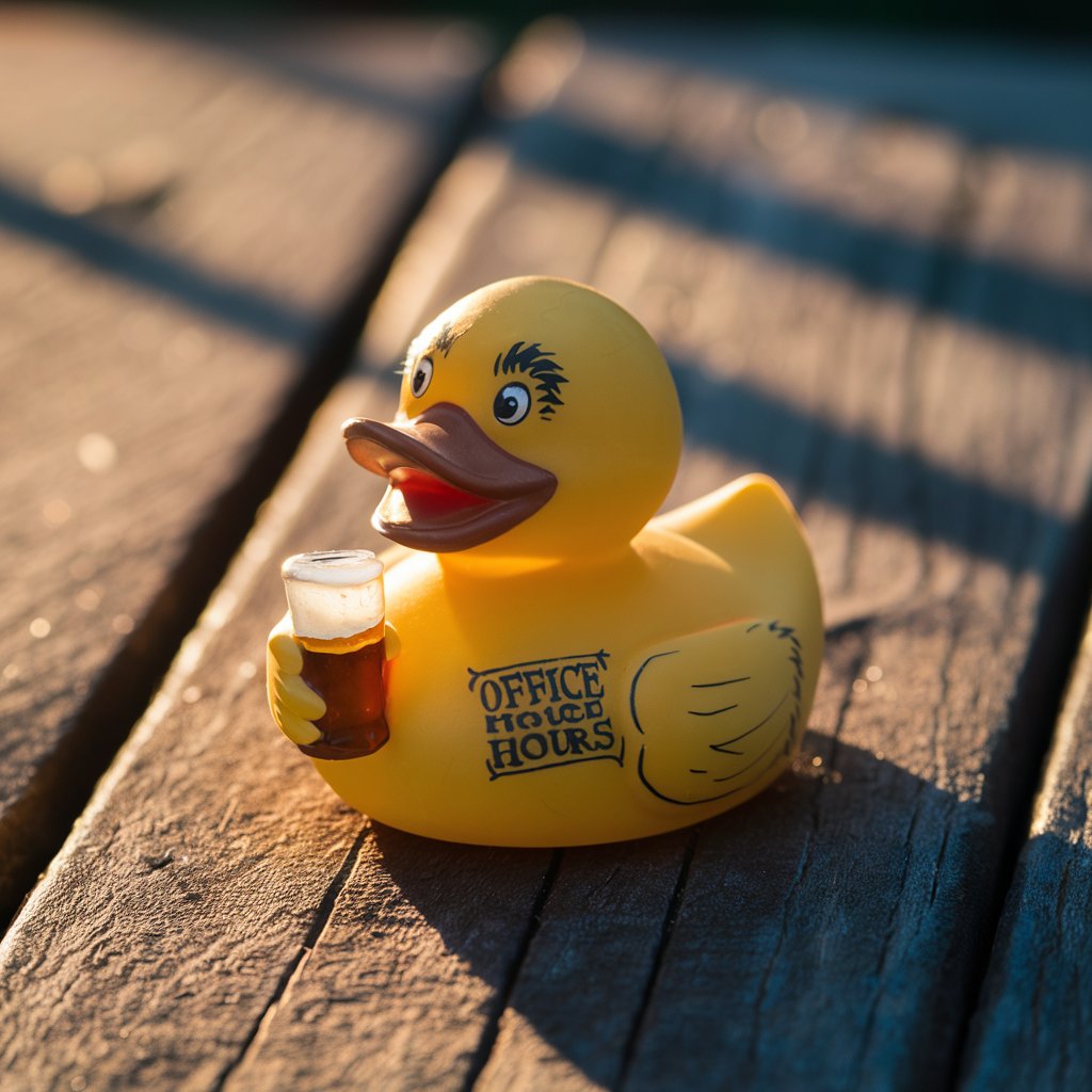 A yellow rubber duck sits on a wooden surface, holding a small glass of dark beer with foam. The duck has black eyebrows and the words OFFICE HOURS printed on its side.