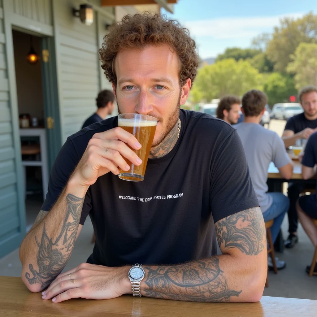 A man with curly brown hair and tattoos on his arms and neck takes a sip from a glass of beer while sitting at an outdoor table. He wears a black t-shirt and a silver watch, with other people seated at tables in the blurred background.