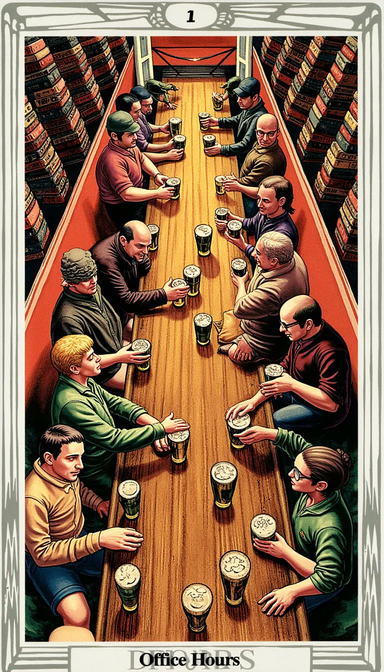 An illustration in the style of a tarot card shows a group of people sitting at a long wooden table lined with glasses of beer. The table is flanked by tall stacks of books, and the card is titled "Office Hours" at the bottom with the number "1" at the top.