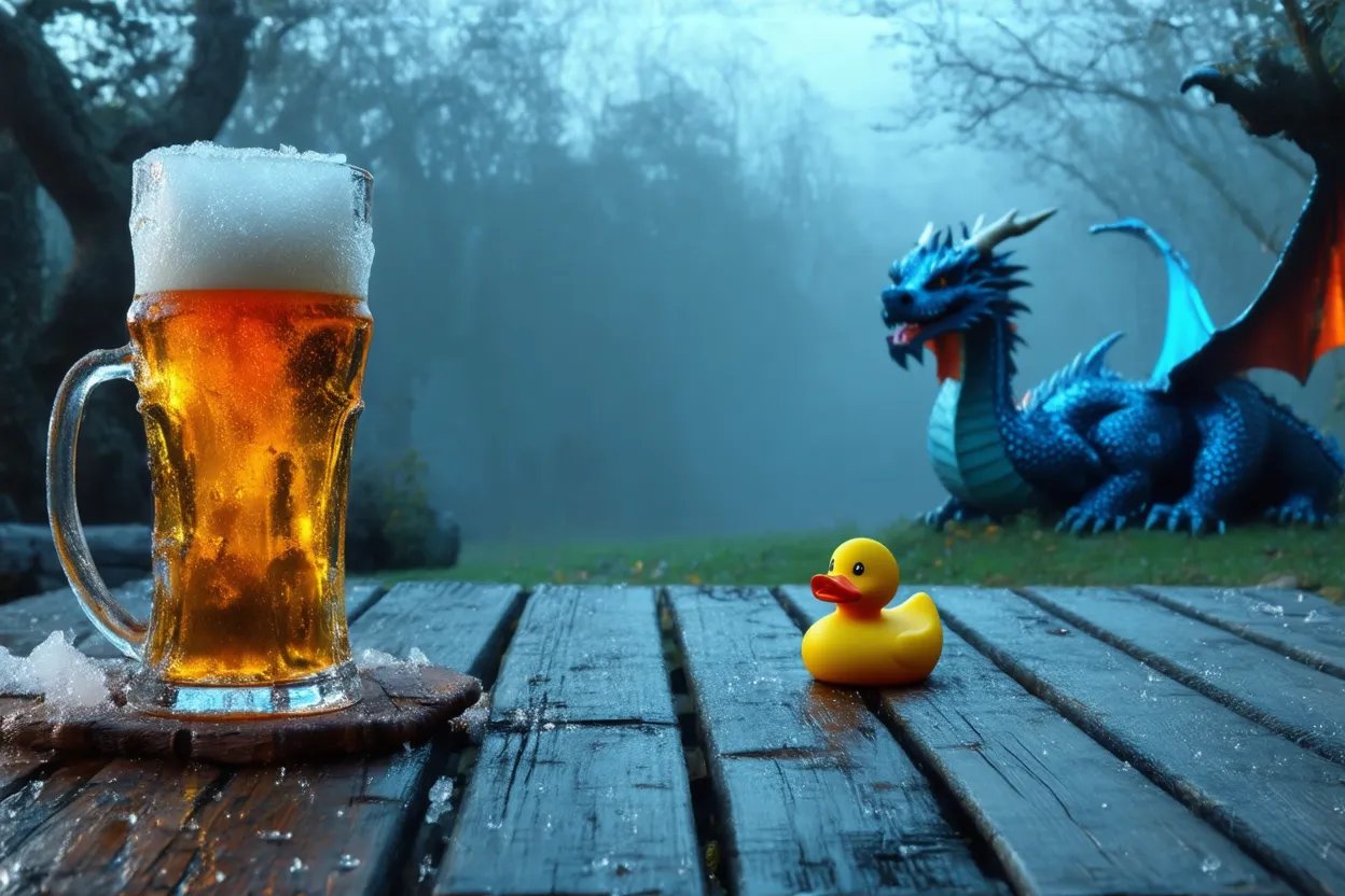 A glass mug of beer with a thick head of foam and a small yellow rubber duck sit on a wet wooden picnic table. In the foggy background, a large blue dragon with orange wings rests on a grassy field.