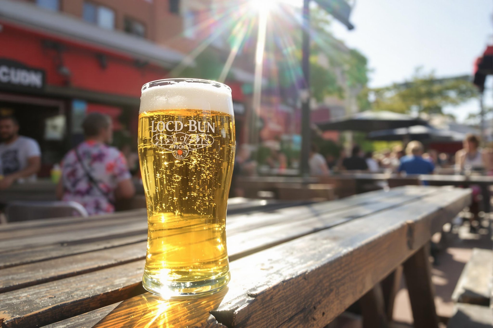 A tall glass of golden beer with a white foam head sits on a wooden picnic table outdoors, illuminated by bright sunlight creating a lens flare. The background shows a blurred patio area with people sitting at tables under umbrellas.
