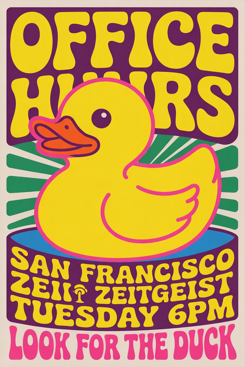 A psychedelic-style poster featuring a large yellow rubber duck with pink outlines in the center. The background includes purple, green, and blue elements with bold, bubbly yellow and pink text.