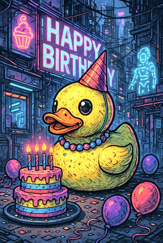 A yellow rubber duck wearing a party hat and beaded necklace sits in a cyberpunk alleyway next to a two-tier birthday cake with four lit candles. In the background, a large neon sign reads "HAPPY BIRTHDAY" next to a neon cupcake icon and a glowing blue robot figure.