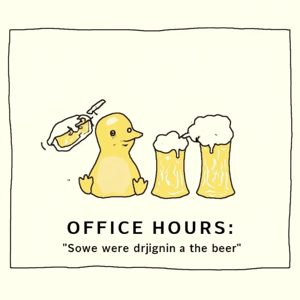 A simple illustration of a yellow duckling sitting next to two foaming mugs of beer, with a third mug floating and spilling to the left. Below the drawing, text reads "OFFICE HOURS: 'Sowe were drjignin a the beer'".