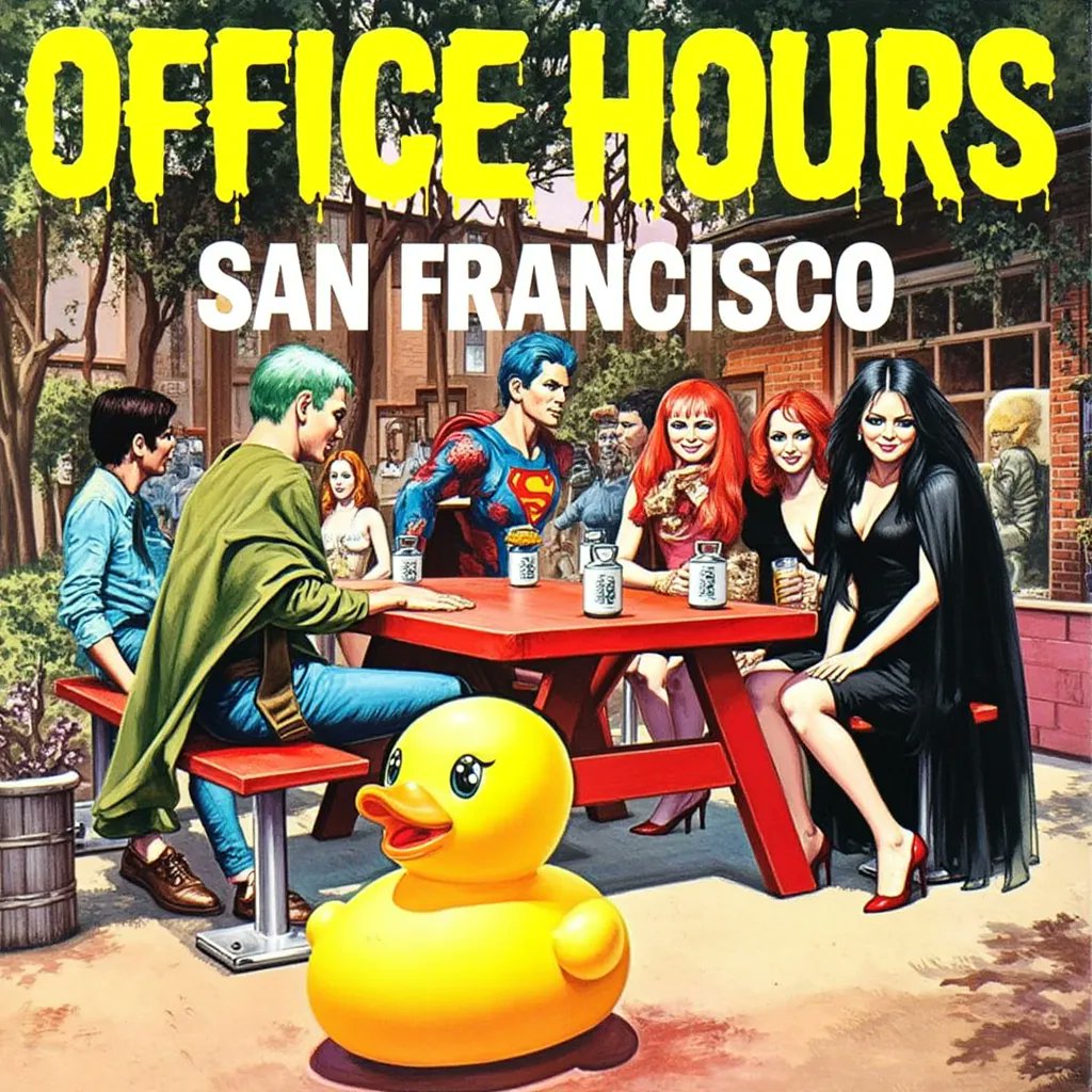 A group of people, including characters resembling Superman and Elvira, sit around a red picnic table outdoors while a large yellow rubber duck sits in the foreground. The text "OFFICE HOURS SAN FRANCISCO" is layered over the top of the scene.