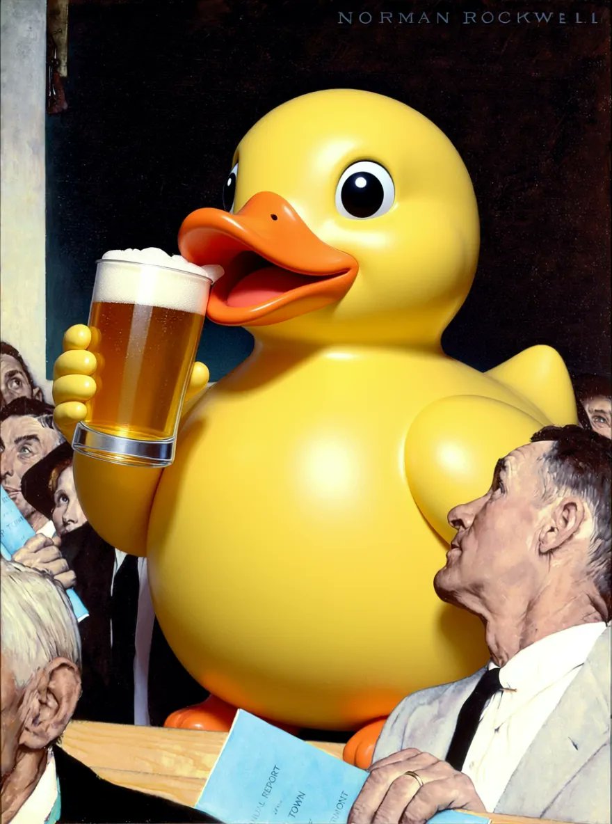 A large yellow rubber duck stands in a crowd of people, holding a tall glass of beer with a frothy head. The scene is painted in the style of Norman Rockwell, with a man in a suit in the foreground looking up at the duck.