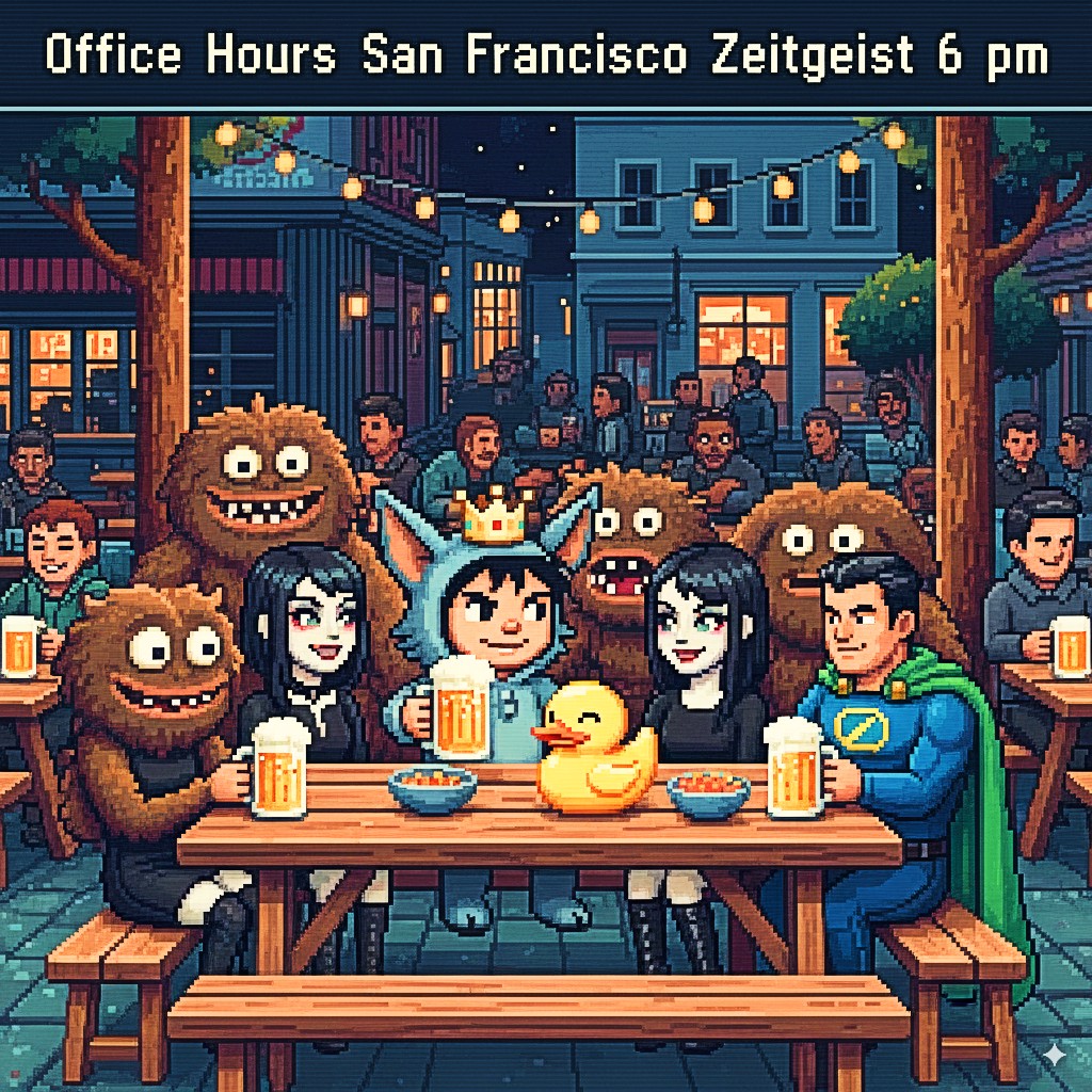 A pixel art illustration of a crowded outdoor patio at night with people, monsters, and a superhero sitting at wooden picnic tables with beer mugs. A banner at the top reads "Office Hours San Francisco Zeitgeist 6 pm."