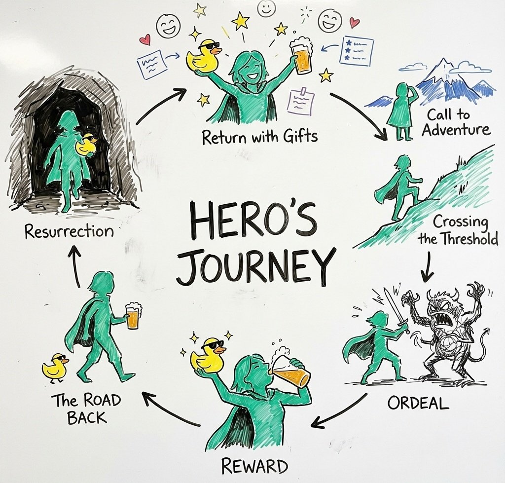 A whiteboard drawing illustrates the Hero's Journey in a circular diagram featuring a green caped figure and a rubber duck. The stages include Call to Adventure, Crossing the Threshold, Ordeal, Reward, The Road Back, Resurrection, and Return with Gifts.