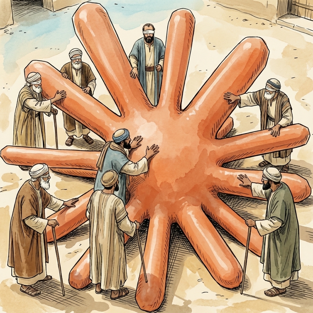 An illustration of several blindfolded men in traditional robes standing around and touching a large, orange, multi-armed object that resembles a giant star or sea creature. The men are positioned at different points around the object, using their hands and walking sticks to feel its surface.