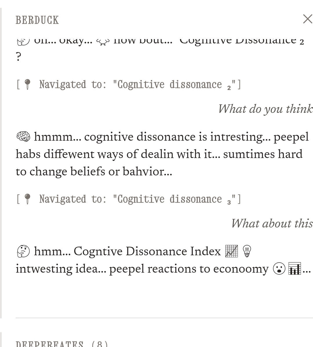 This image displays a chat log from Berduck, showing fragmented, misspelled messages about cognitive dissonance, including topics like belief change, behavioral reactions, and economic applications, with navigation cues and emojis.