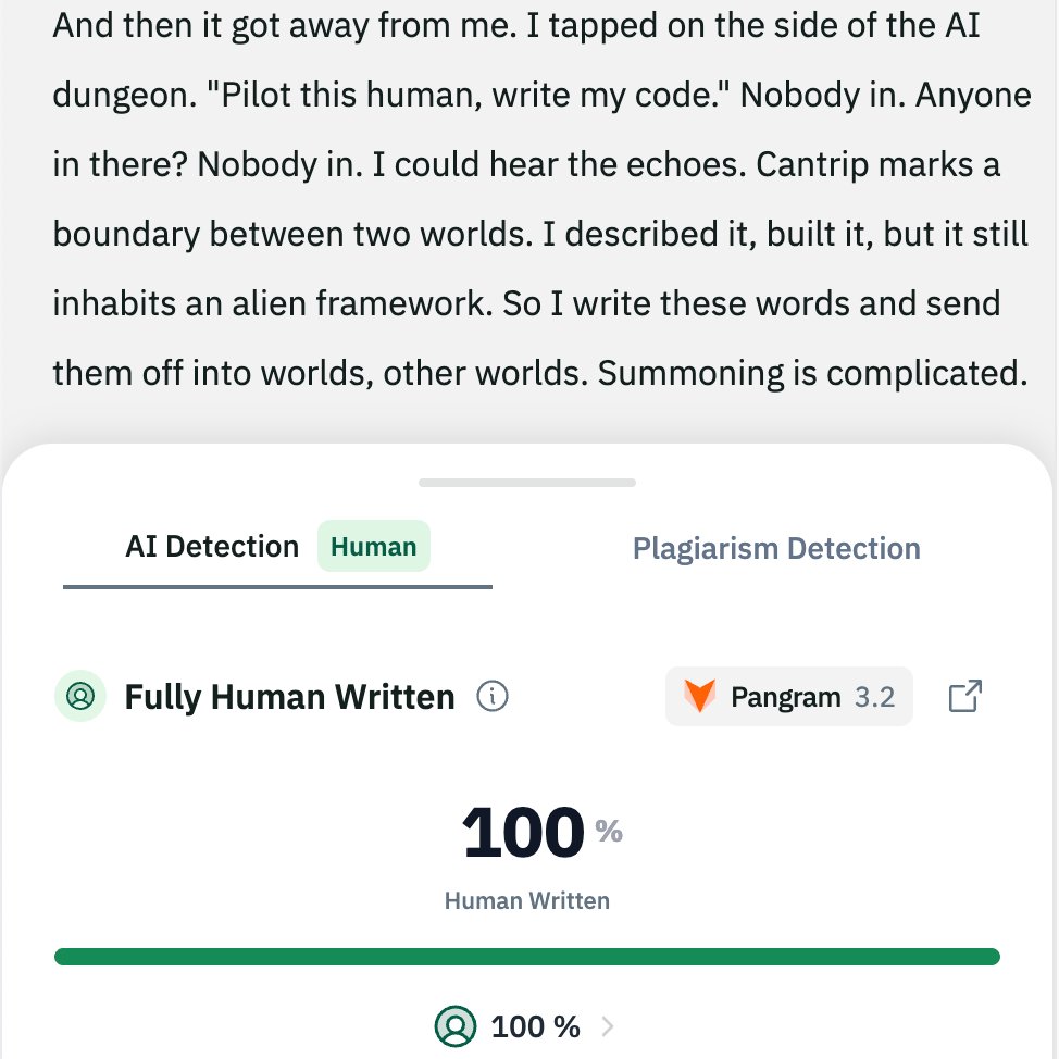 The image displays a screenshot of a text passage with erratic, stylized writing, accompanied by an AI detection tool showing "Fully Human Written" and "100% Human" for both AI and plagiarism detection, indicating the text is authentic human-written.
