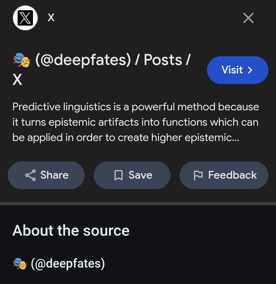 A screenshot of a social media post from the account @deepfates, featuring a dark-themed interface with a truncated, jargon-filled text about “predictive linguistics” and “epistemic artifacts,” accompanied by share, save, and feedback buttons.