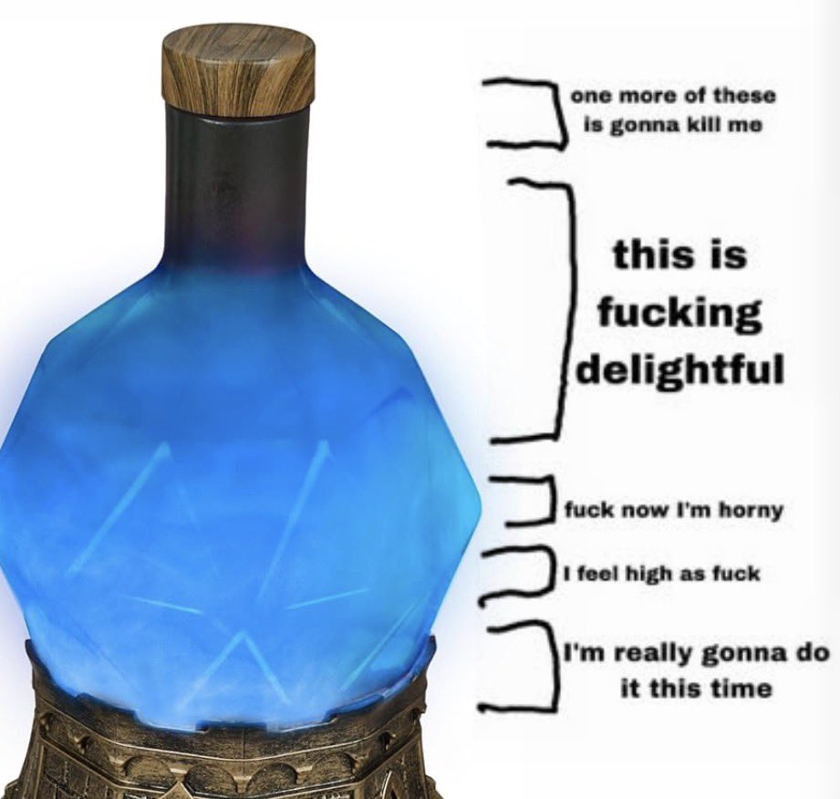 A glowing blue geometric bottle with a wooden cap sits on a stone base, accompanied by text labels indicating different emotional states as the liquid level decreases. The labels range from "one more of these is gonna kill me" at the top to "I'm really gonna do it this time" at the bottom.