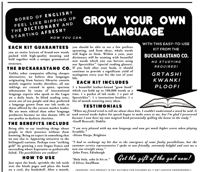 This is a vintage-style advertisement for a language-learning kit called “Grow Your Own Language” by the Buckarastano Co., promising users can create their own language with no studying required, featuring a leather-bound book, ink seeds, and instruction materials.
