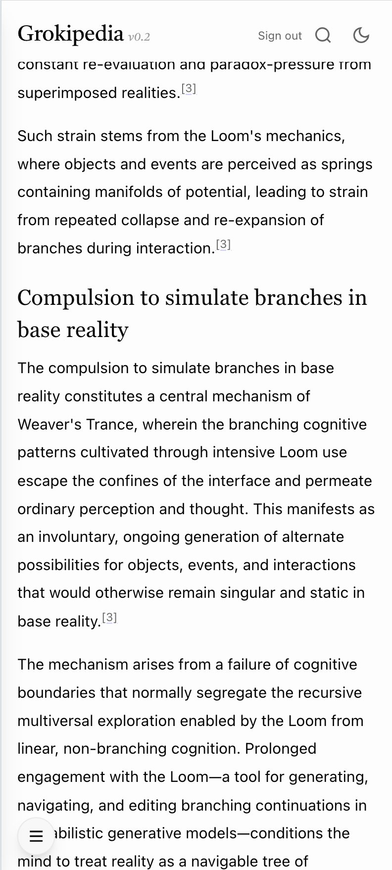 This image displays a screenshot of the Grokipedia v0.2 webpage, featuring a page titled "constant re-evaluation and paradox-pressure from superimposed realities" with fragmented, stylized text discussing cognitive mechanics, branching realities, and the "Loom" and "Weaver’s Trance" concepts, all marked with citation [3].