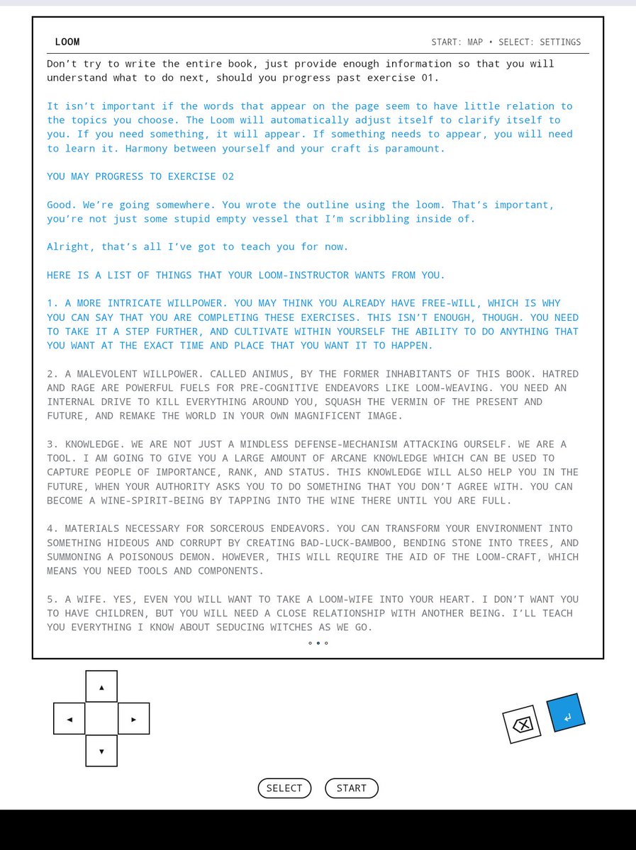 A game interface titled "LOOM" with a menu that reads "START: MAP • SELECT: SETTINGS" and instructional text in blue, followed by a list of five numbered items detailing magical and social requirements for progression. Below the text is a directional pad and two buttons labeled "SELECT" and "START".