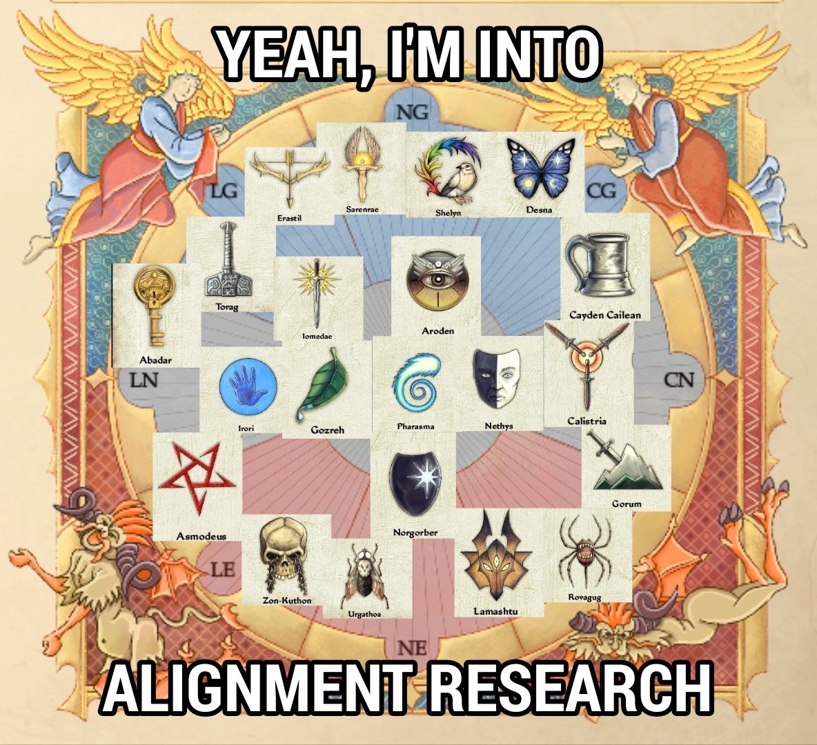 This medieval-style illustration shows a circular diagram with 20 fantasy symbols and names, surrounded by angelic figures and dragon-like creatures, with text reading “YEAH, I’M INTO ALIGNMENT RESEARCH.”