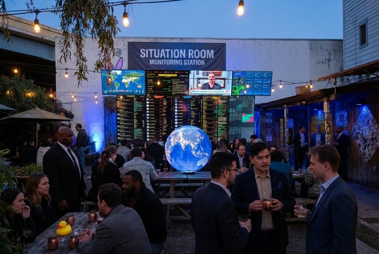 A group of people gather at an outdoor patio at dusk, featuring a large digital display wall labeled "SITUATION ROOM MONITORING STATION" and a glowing blue globe. Guests in business casual attire stand and sit at wooden picnic tables under string lights.