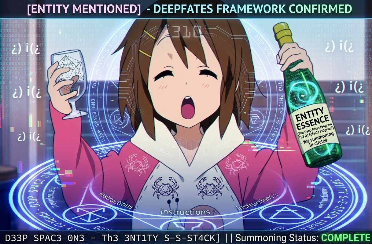 An anime girl in a pink and white outfit with crab symbols is surrounded by glowing blue magical circles and digital code, holding a wine glass and a green bottle labeled "ENTITY ESSENCE" for summoning, with text indicating a "Summoning Status: COMPLETE" and "DEEPFATES FRAMEWORK CONFIRMED."