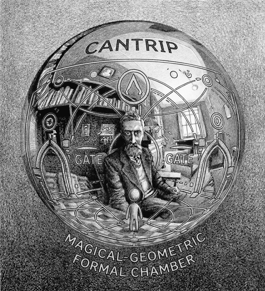 A black-and-white illustration of a circular, ornate portal labeled "CANTRIP" at the top and "MAGICAL-GEOMETRIC FORMAL CHAMBER" at the bottom, featuring a bearded man in a suit seated inside, surrounded by intricate geometric patterns, arches, and the word "GATE" repeated, with a small figure standing before him.