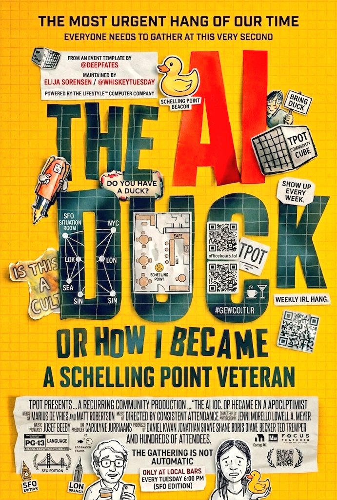 A yellow poster with a collage aesthetic features the large, stylized title "THE AI DUCK OR HOW I BECAME A SCHELLING POINT VETERAN." The design includes various cut-out elements like a rubber duck, QR codes, a floor plan, and cartoon characters against a grid background.