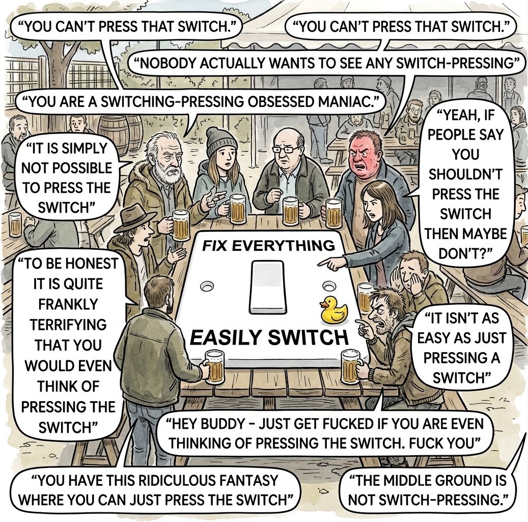 A group of people sit around a table at an outdoor pub, surrounding a large white board with a single switch labeled "FIX EVERYTHING EASILY SWITCH." Numerous speech bubbles from the crowd discourage or insult anyone considering pressing the switch, using phrases like "It is simply not possible" and "You are a switching-pressing obsessed maniac."