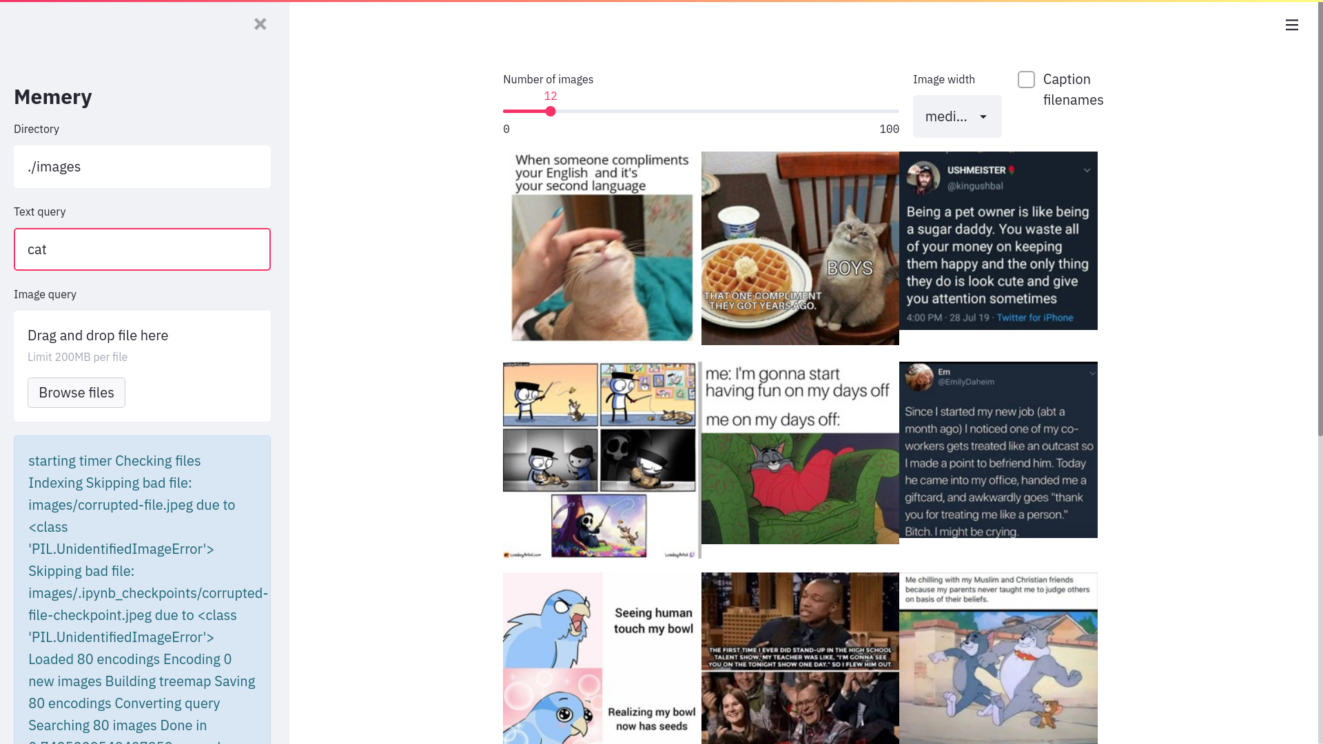 Memery searching for "cat" in a dataset of wholesome memes