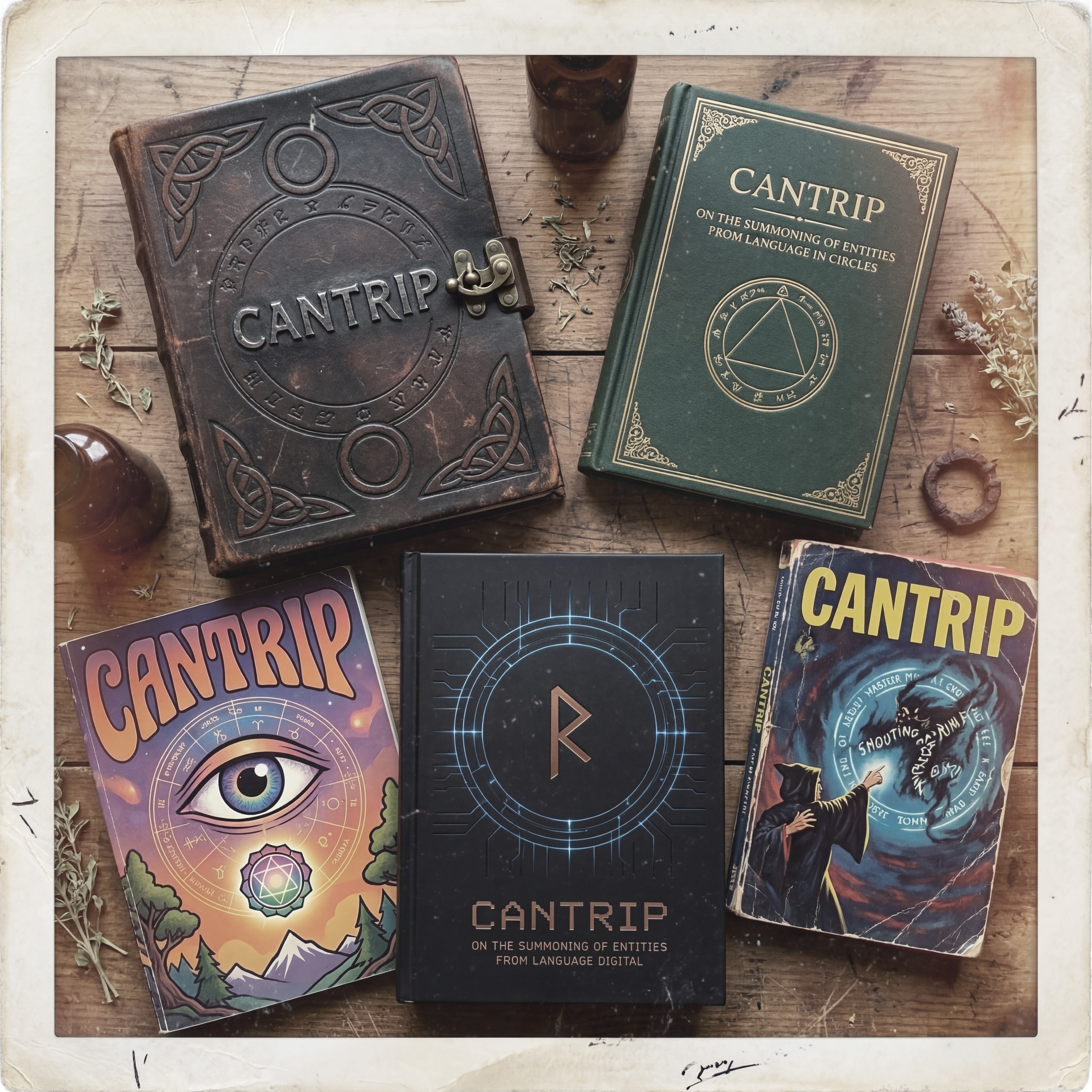 Photograph of various editions of cantrip